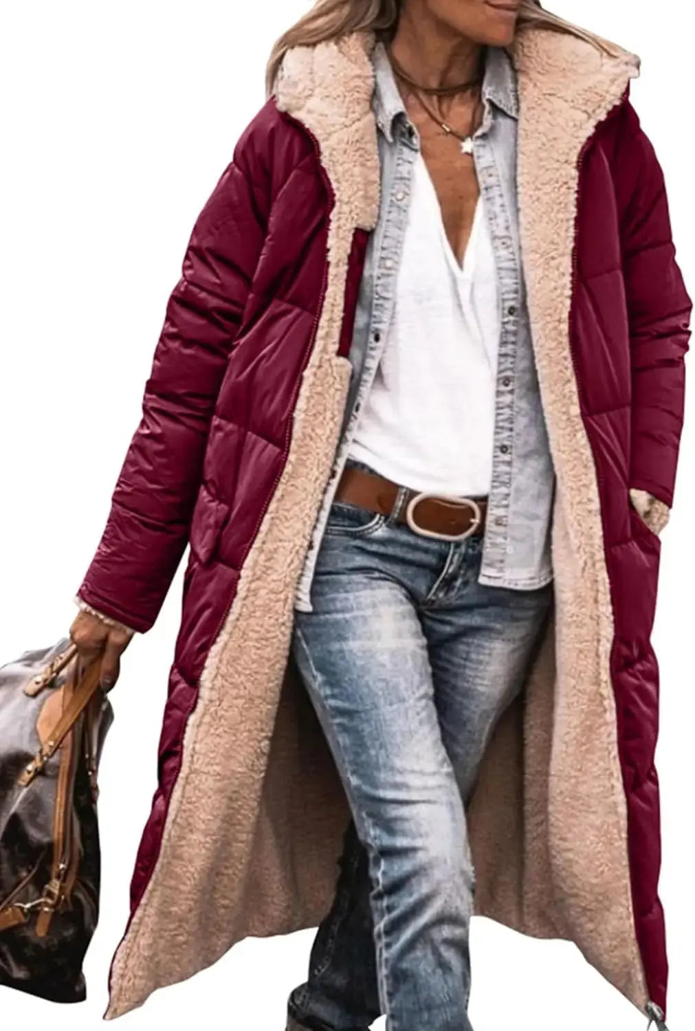 Long Puffer Coat with Fleece Lining and Hood