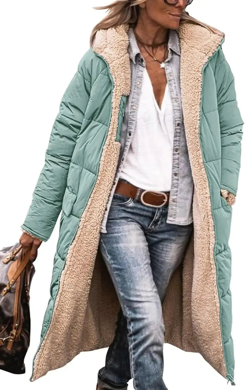 Long Puffer Coat with Fleece Lining and Hood