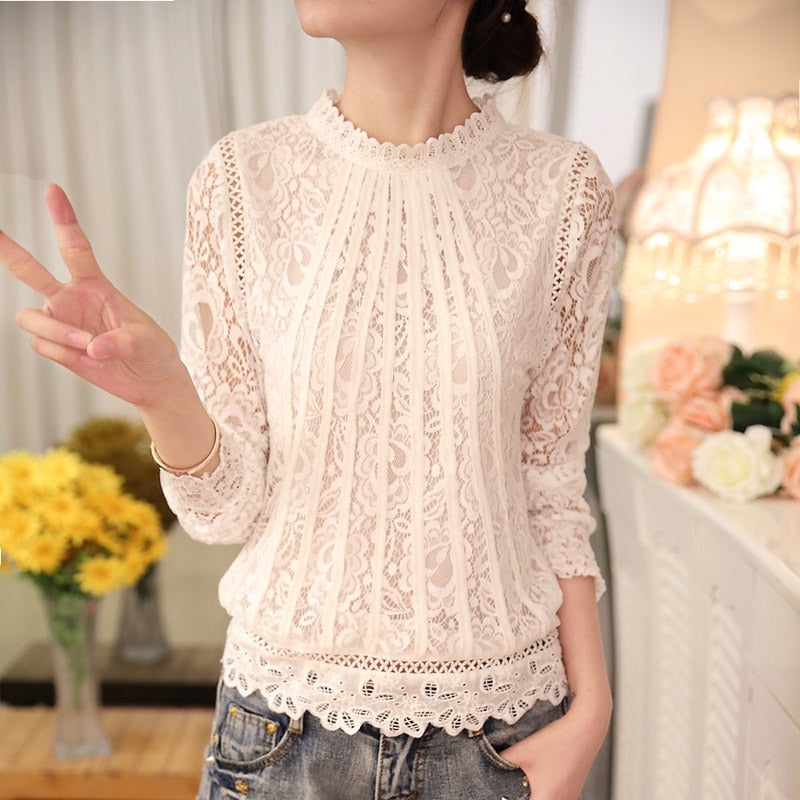 Long Sleeve Chiffon Lace Crocheted Tops
