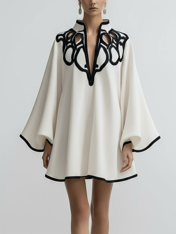 Loose Contrast-Trim Cut-Out Stand-Collar Mini Dress with Flare Sleeves