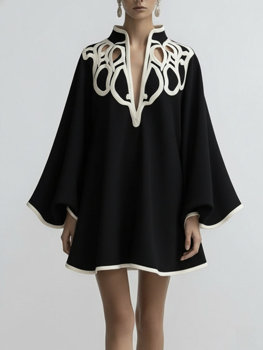 Loose Contrast-Trim Cut-Out Stand-Collar Mini Dress with Flare Sleeves