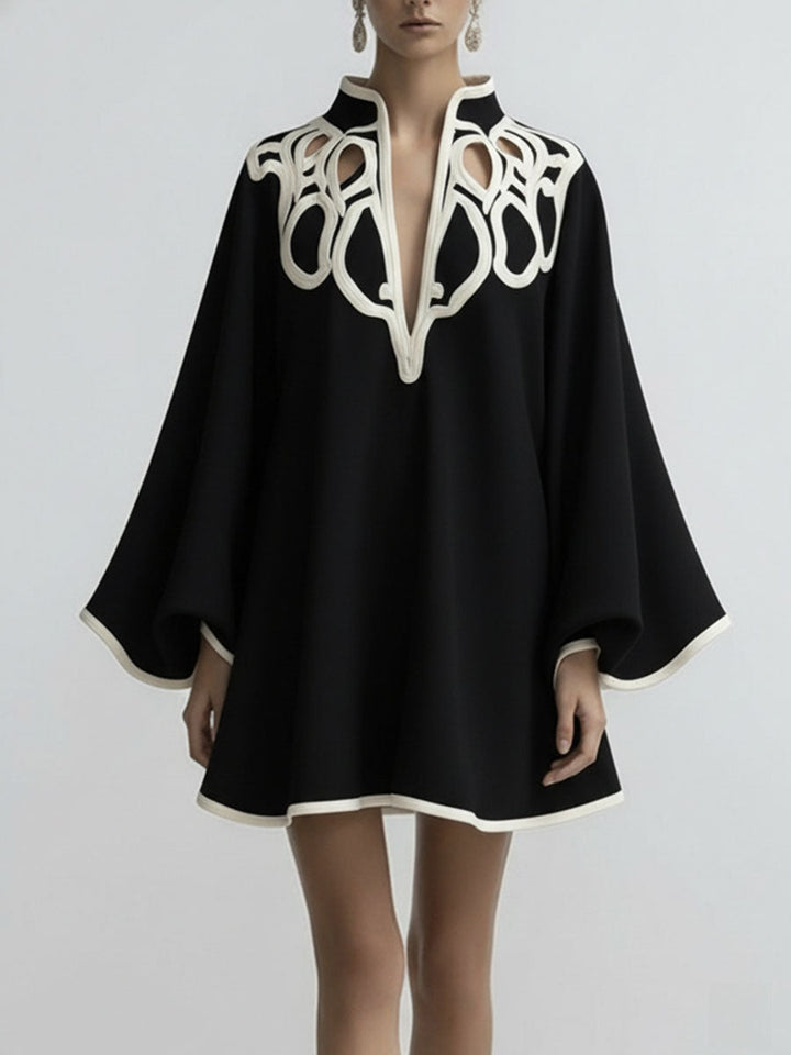 Loose Contrast-Trim Cut-Out Stand-Collar Mini Dress with Flare Sleeves