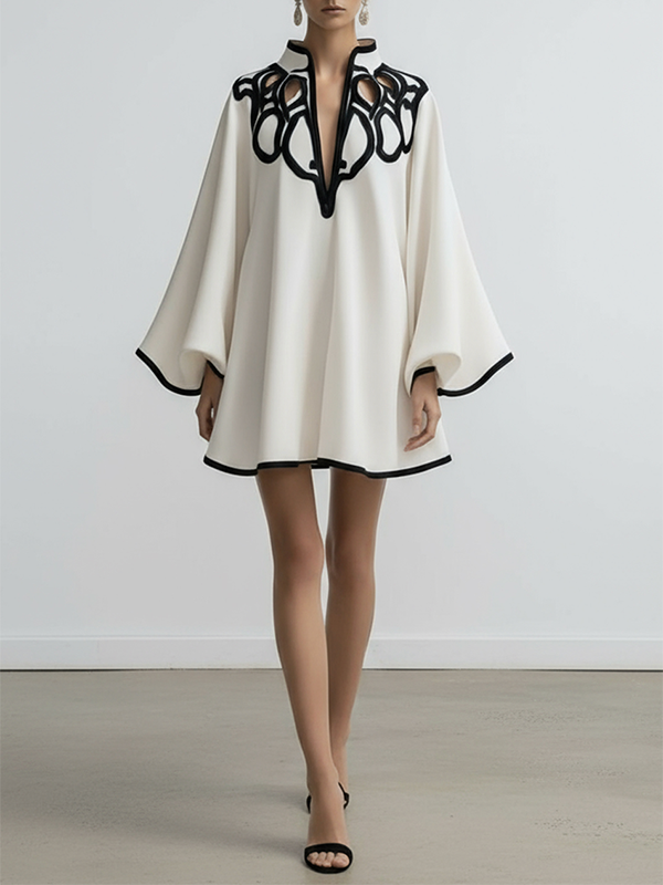 Loose Contrast-Trim Cut-Out Stand-Collar Mini Dress with Flare Sleeves