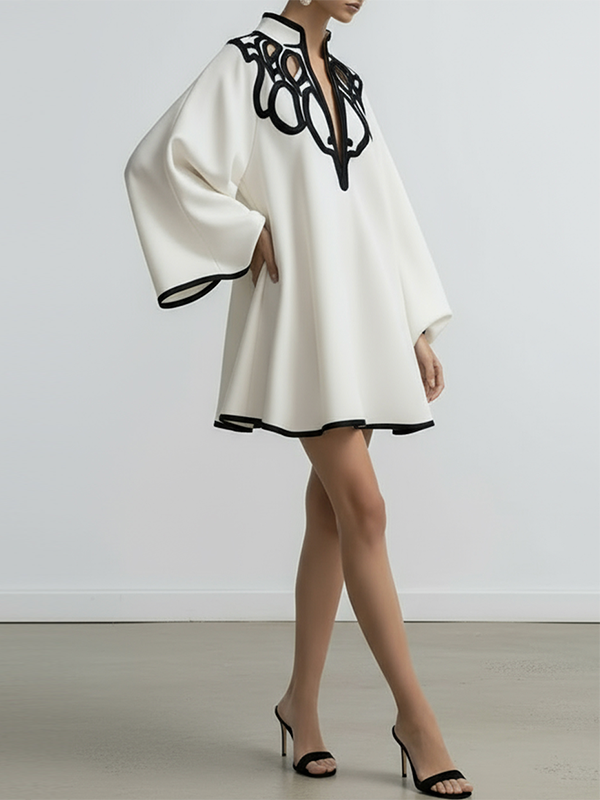 Loose Contrast-Trim Cut-Out Stand-Collar Mini Dress with Flare Sleeves