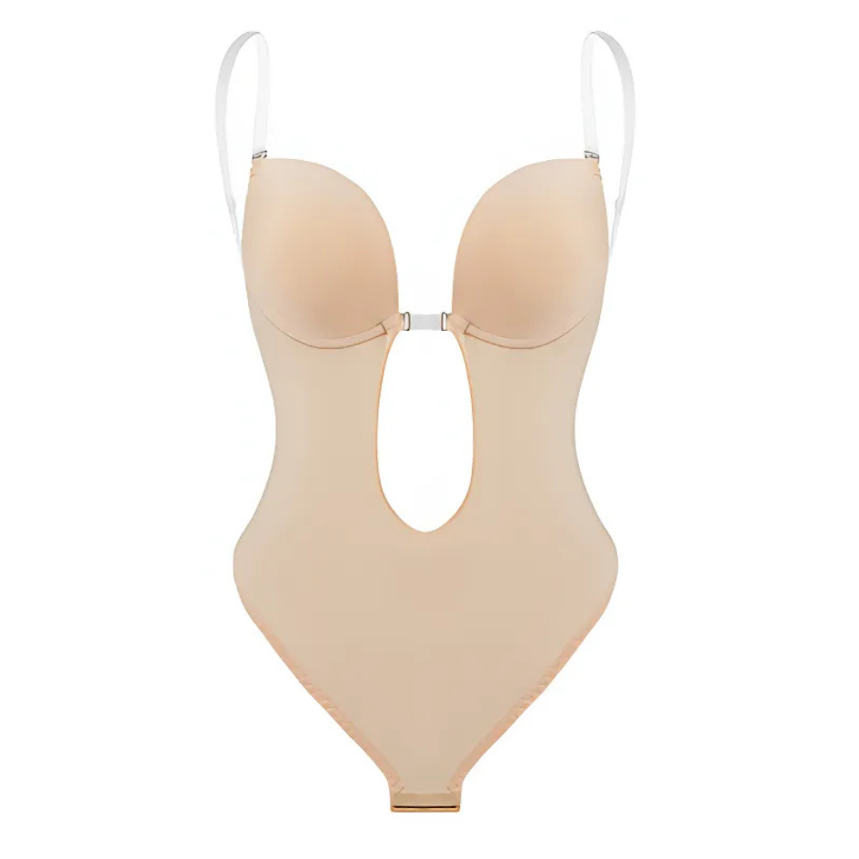 Low-Cut Seamless Shapewear Bodysuit with Adjustable Straps and Built-in Padded Bra
