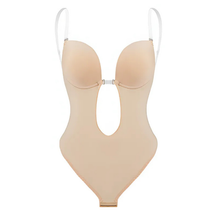 Low-Cut Seamless Shapewear Bodysuit with Adjustable Straps and Built-in Padded Bra