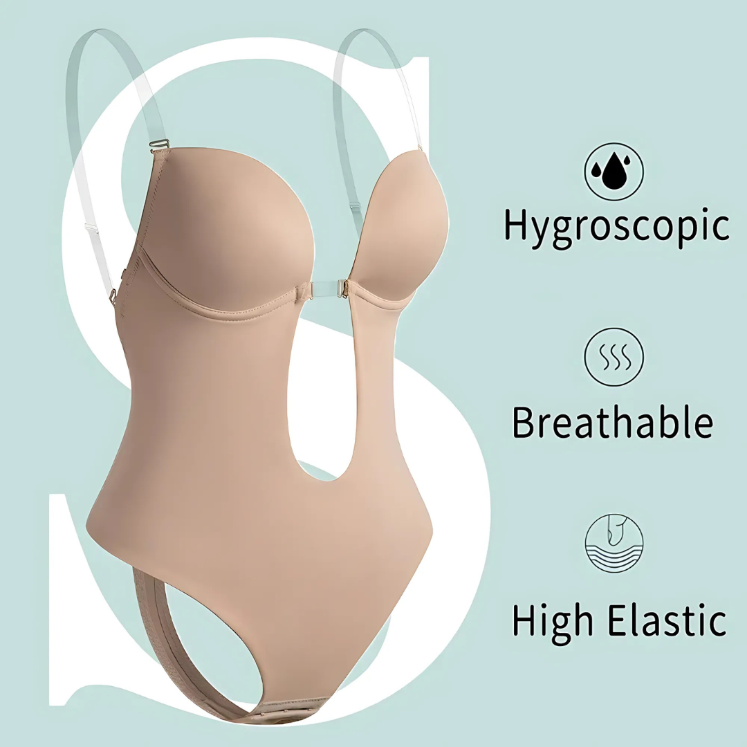 Low-Cut Seamless Shapewear Bodysuit with Adjustable Straps and Built-in Padded Bra