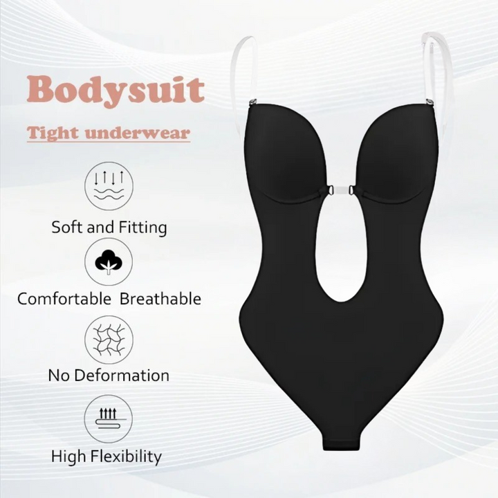 Low-Cut Seamless Shapewear Bodysuit with Adjustable Straps and Built-in Padded Bra