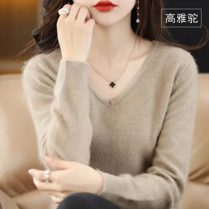 LunaWeave 100% Cashmere V-Neck Sweater For Women Slim Fit