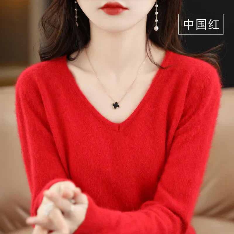 LunaWeave 100% Cashmere V-Neck Sweater For Women Slim Fit