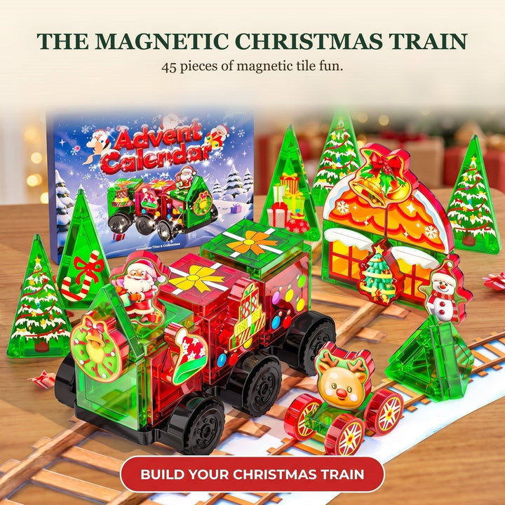 45-Piece Magnetic Tiles Advent Calendar, Christmas Train with Santa, Trees and House