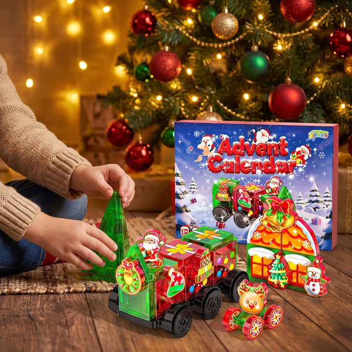 45-Piece Magnetic Tiles Advent Calendar, Christmas Train with Santa, Trees and House