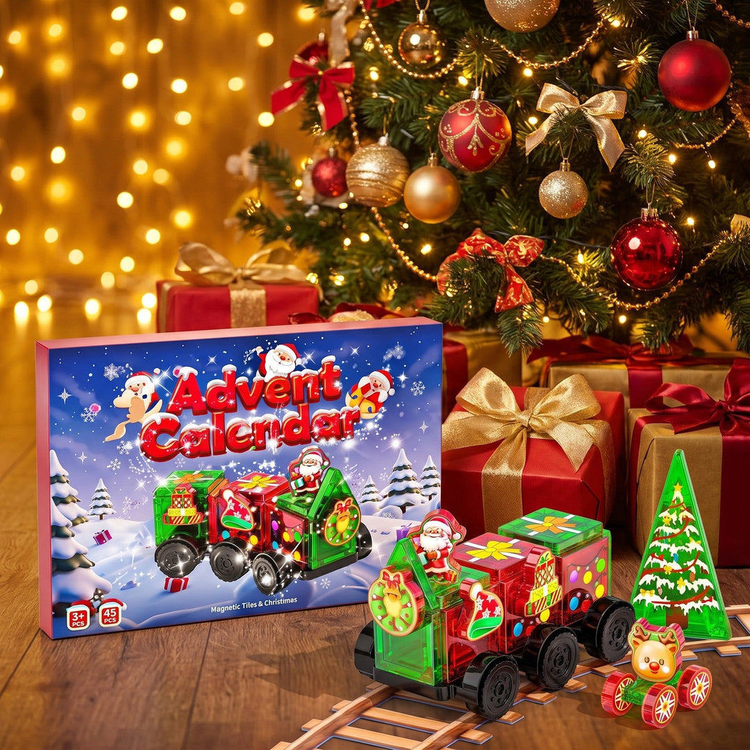 45-Piece Magnetic Tiles Advent Calendar, Christmas Train with Santa, Trees and House