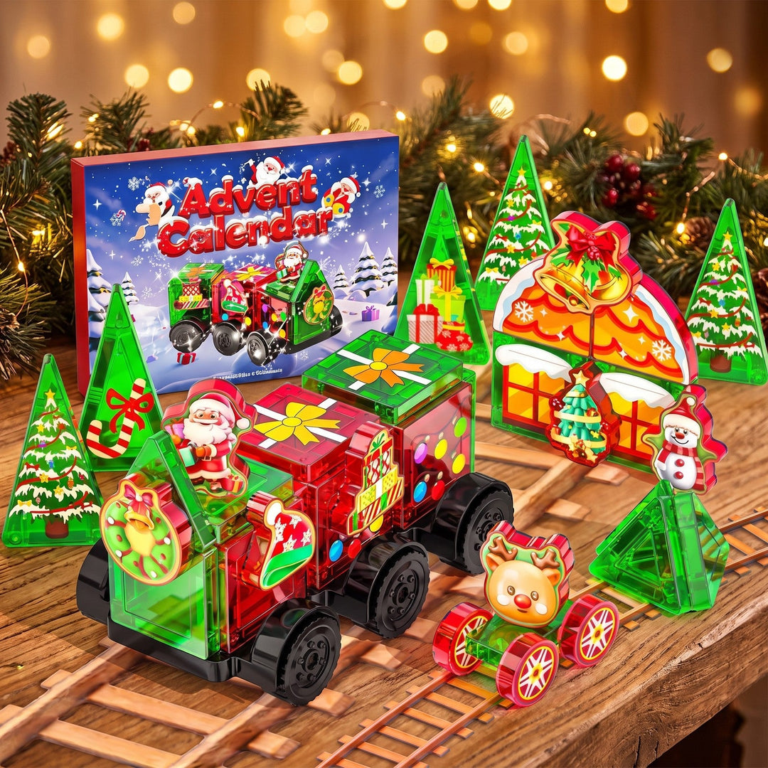 45-Piece Magnetic Tiles Advent Calendar, Christmas Train with Santa, Trees and House