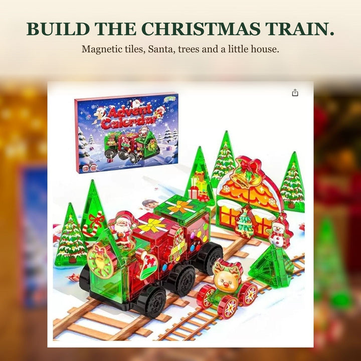 45-Piece Magnetic Tiles Advent Calendar, Christmas Train with Santa, Trees and House