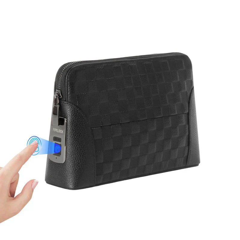 Men’s Leather Handbag with Fingerprint Lock – Anti-Theft Clutch &amp; Wallet
