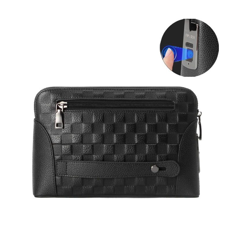 Men’s Leather Handbag with Fingerprint Lock – Anti-Theft Clutch &amp; Wallet