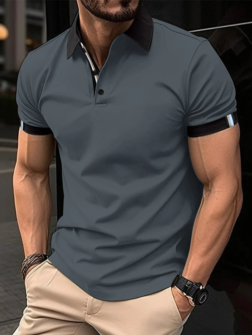Men's Polo Shirt with Striped Sleeves - Image 2
