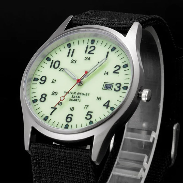 Military-Style Luminous Quartz Field Watch with Nylon Strap and Date Display