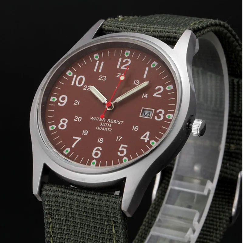 Military-Style Luminous Quartz Field Watch with Nylon Strap and Date Display