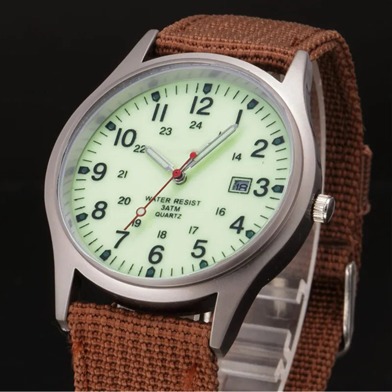 Military-Style Luminous Quartz Field Watch with Nylon Strap and Date Display