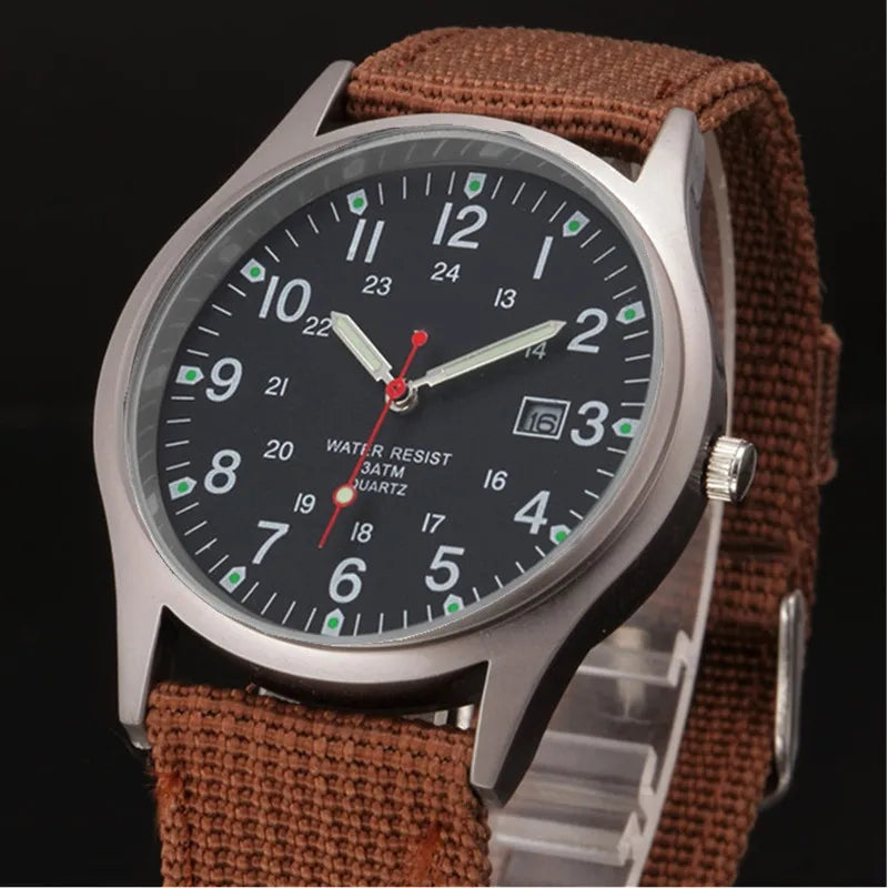 Military-Style Luminous Quartz Field Watch with Nylon Strap and Date Display