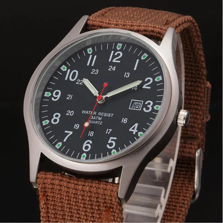 Military-Style Luminous Quartz Field Watch with Nylon Strap and Date Display