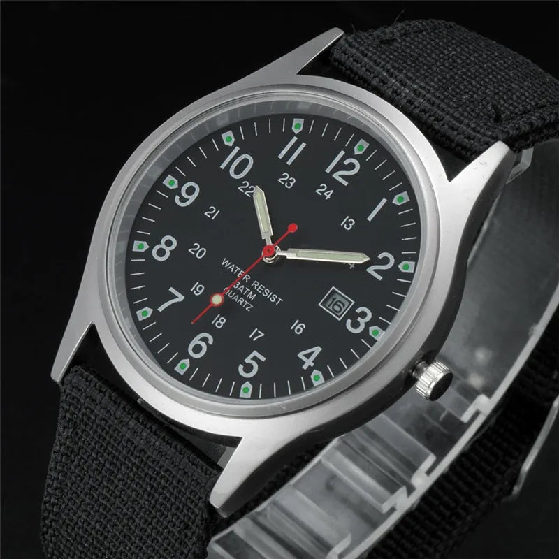Military-Style Luminous Quartz Field Watch with Nylon Strap and Date Display