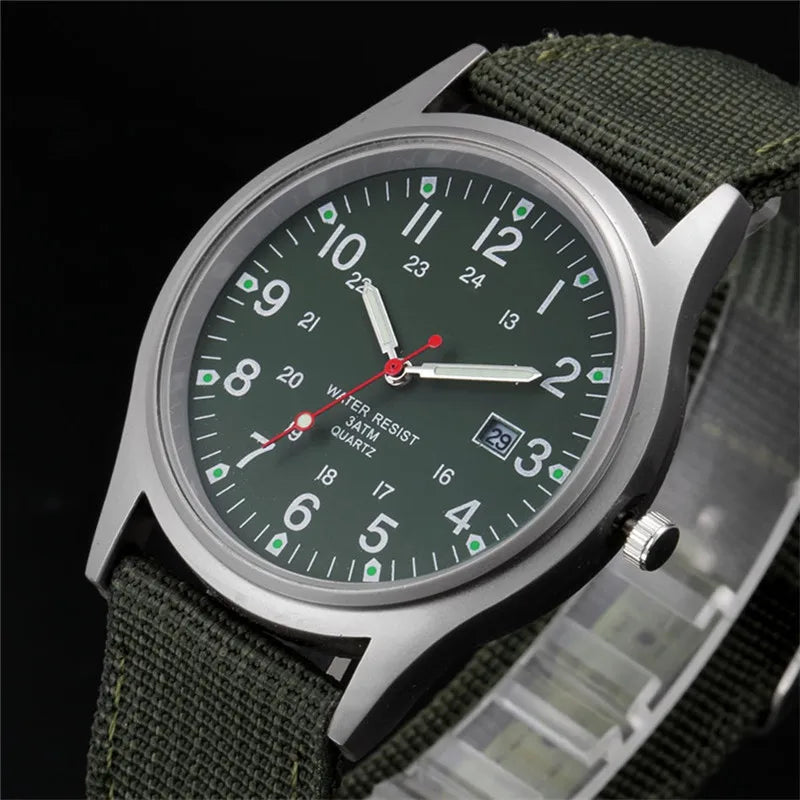 Military-Style Luminous Quartz Field Watch with Nylon Strap and Date Display