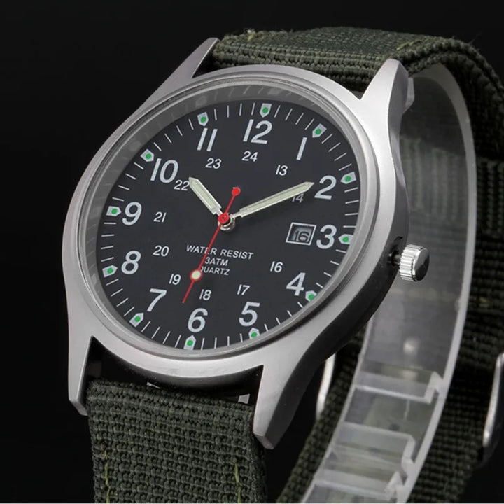 Military-Style Luminous Quartz Field Watch with Nylon Strap and Date Display