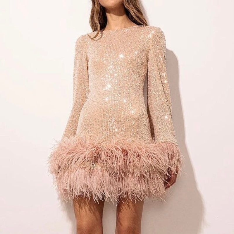 Mini fitted dress for women with sequins and feather hem