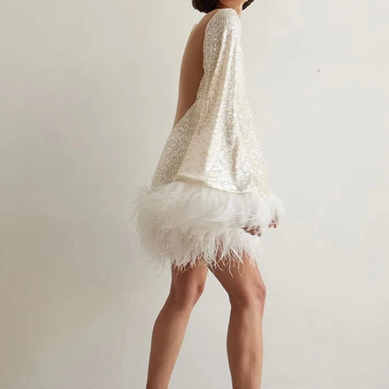 Mini fitted dress for women with sequins and feather hem