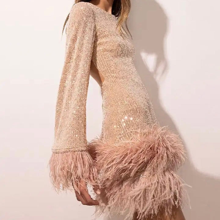 Mini fitted dress for women with sequins and feather hem