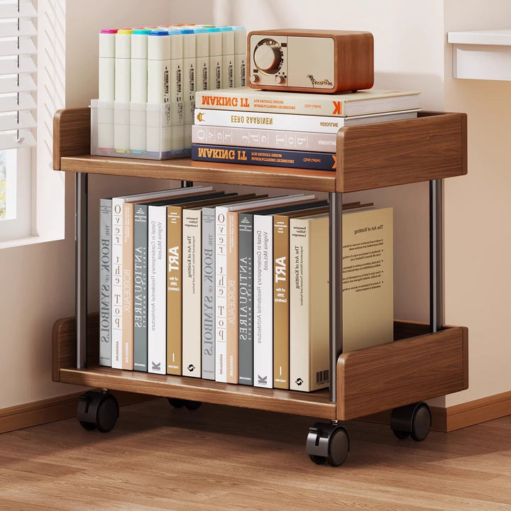Minimalist Solid Wood Two-Tier Desktop Bookshelf with Metal Support Rods