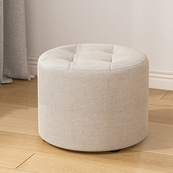 Modern Minimalist Round Cotton Linen Low Stool with Solid Wood Frame and Foam Cushioning for Living Room