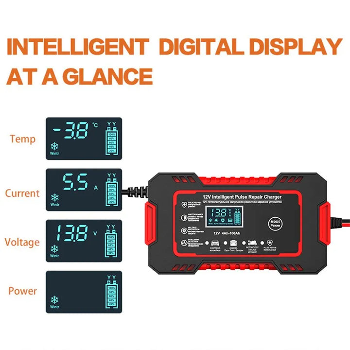 Niki | 12V 6A Smart Car Battery Charger | Pulse Repair, LCD Screen &amp; Fast Charging for AGM, Gel &amp; Lead-Acid Batteries