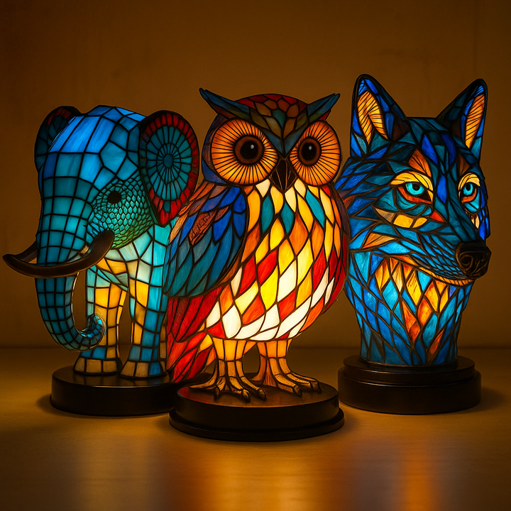 Niki | Animal Head Night Lamp, Stained Glass Style Accent