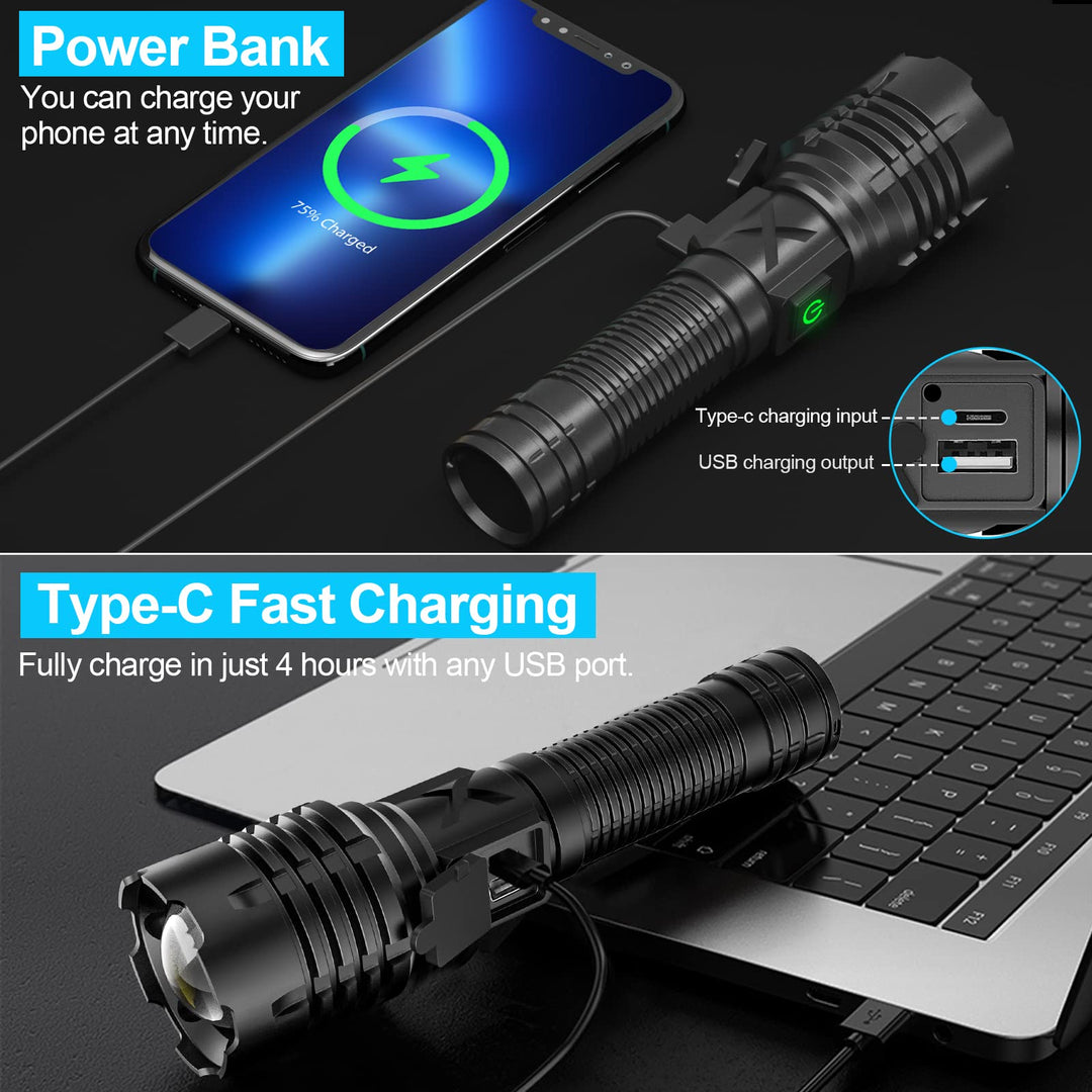 Niki | Banral 100000 lumen rechargeable flashlight, IPX6 waterproof, 5 modes, zoomable, aluminum