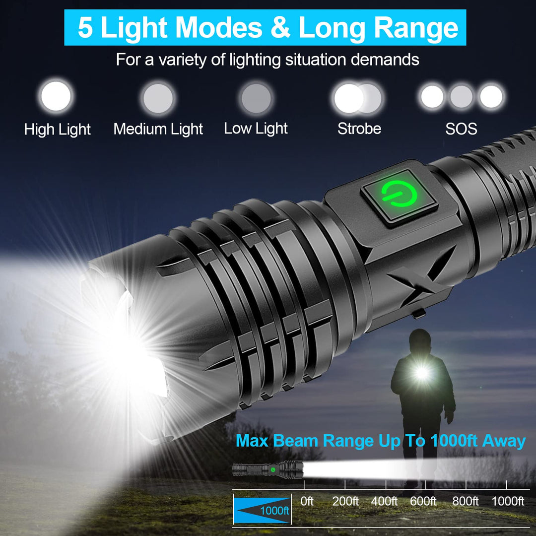 Niki | Banral 100000 lumen rechargeable flashlight, IPX6 waterproof, 5 modes, zoomable, aluminum