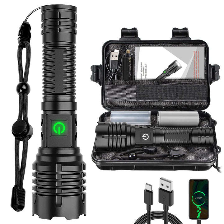 Niki | Banral 100000 lumen rechargeable flashlight, IPX6 waterproof, 5 modes, zoomable, aluminum