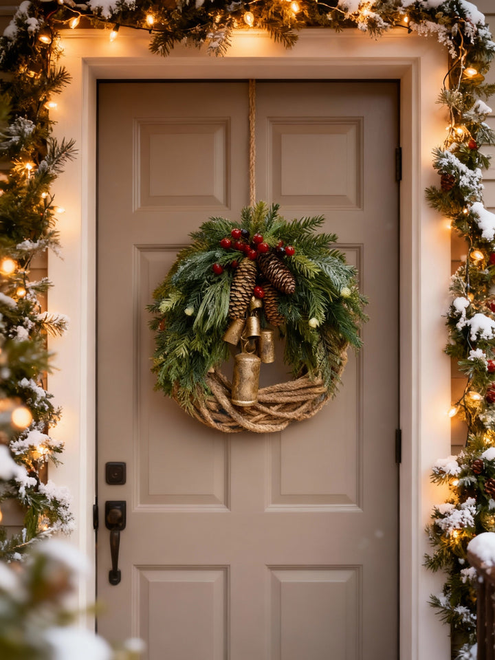 Niki | Handmade Bohemian Winter Wreath | Bells, Pinecones &amp; Berries | 43 cm | Indoor/Outdoor