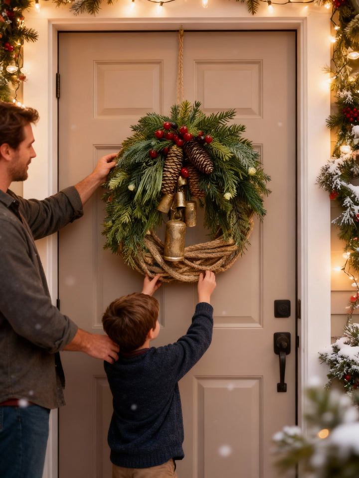 Niki | Handmade Bohemian Winter Wreath | Bells, Pinecones &amp; Berries | 43 cm | Indoor/Outdoor