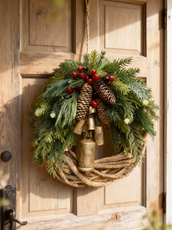 Niki | Handmade Bohemian Winter Wreath | Bells, Pinecones &amp; Berries | 43 cm | Indoor/Outdoor