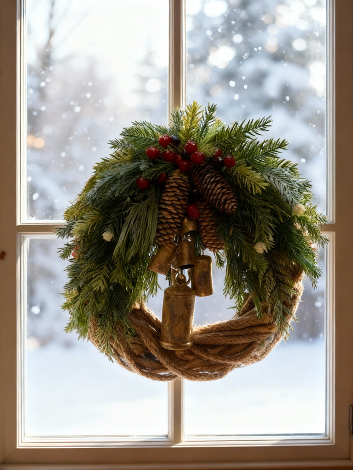 Niki | Handmade Bohemian Winter Wreath | Bells, Pinecones &amp; Berries | 43 cm | Indoor/Outdoor