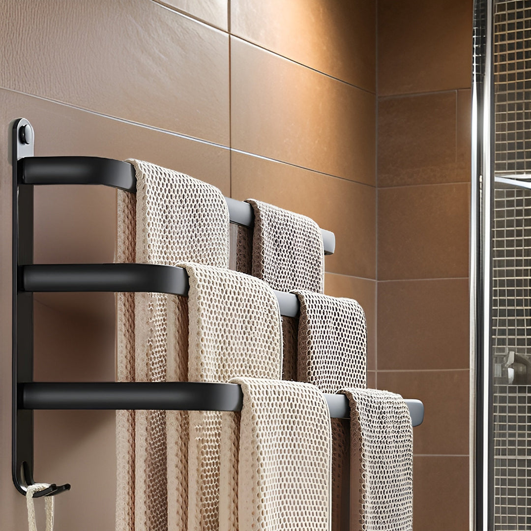 Niki | HangEase 3-Tier Towel Holder – Black Wall-Mounted Aluminum Rack Without Drilling