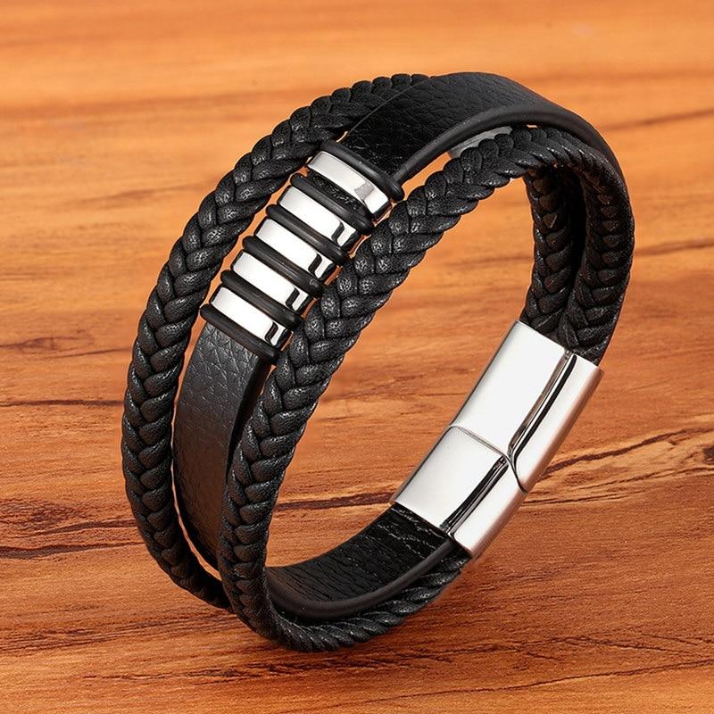 Niki | Men's Braided Leather Bracelet with Metal Accents