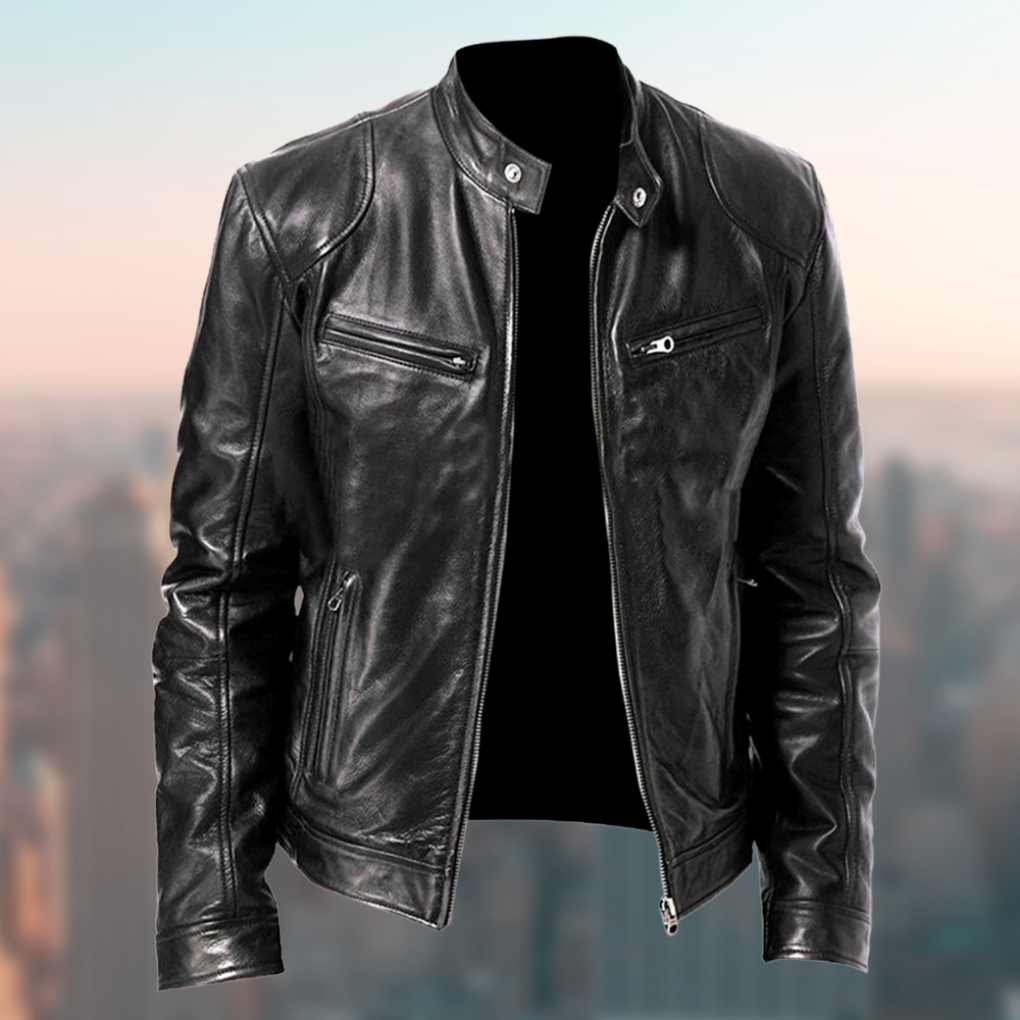 Niki | Men's Cafe Racer Leather Jacket with Zipper Pockets