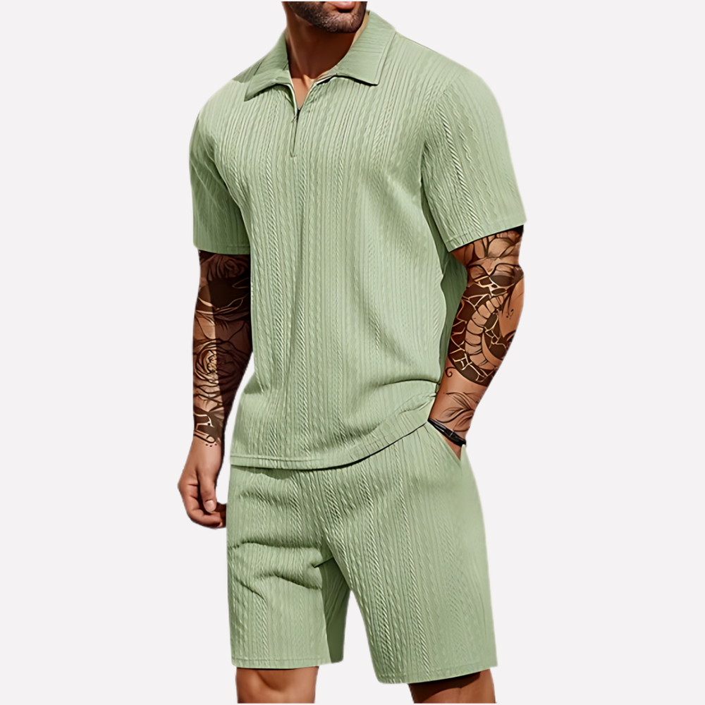 Niki | Men's Quarter-Zip Polo Shirt & Shorts Set - Textured