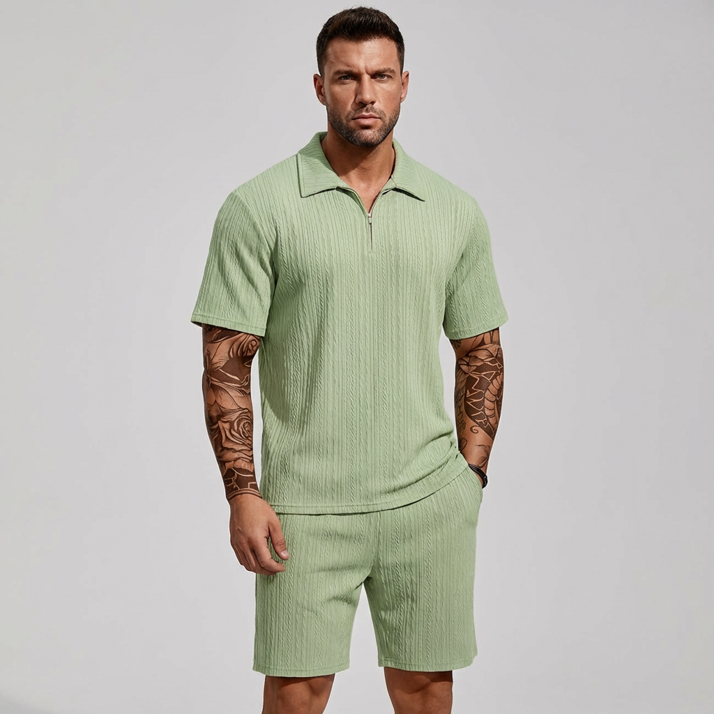 Niki | Men's Quarter-Zip Polo Shirt & Shorts Set - Textured