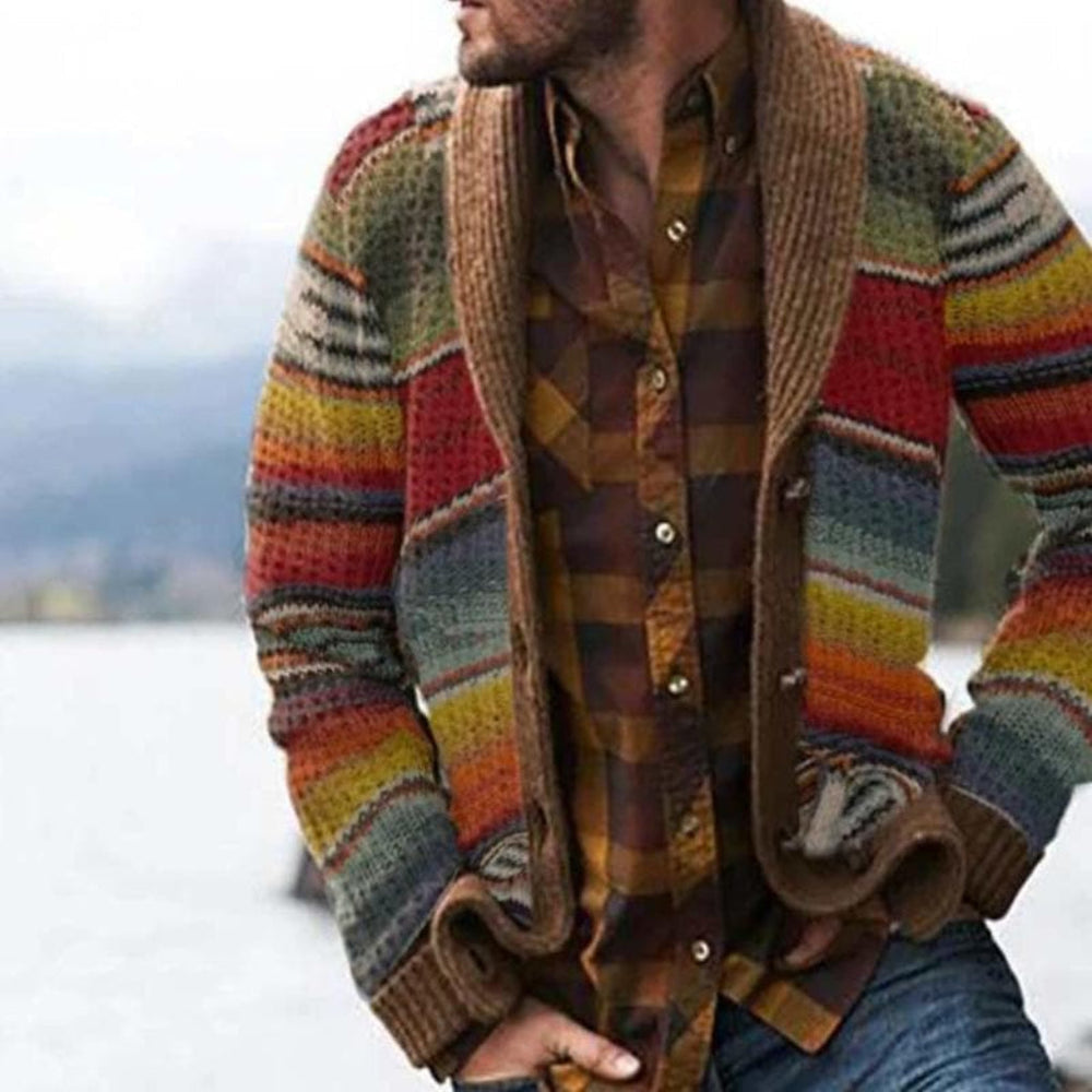 Niki | Men's Shawl Collar Cardigan Sweater - Multicolor Stripe Knit